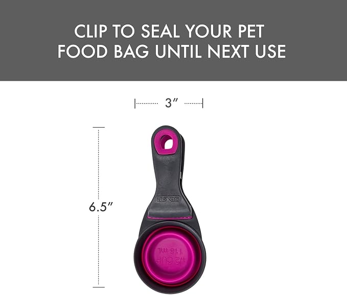 Dexas Popware for Pets Collapsible Klip Scoop, 3-in-1 Pet Food Scoop, Measuring Cup and Bag Clip, 1/2 Cup Capacity, Fuchsia
