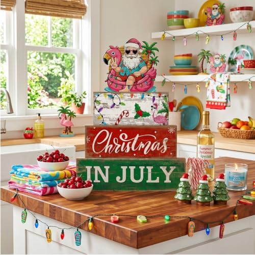 Lineshading 4 Pcs Christmas in July Table Decor Summer Santa Wooden Signs