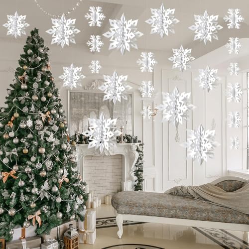 Snowflake Decorations, Paper Christmas Hanging Decor Indoor, White, 14-Pc