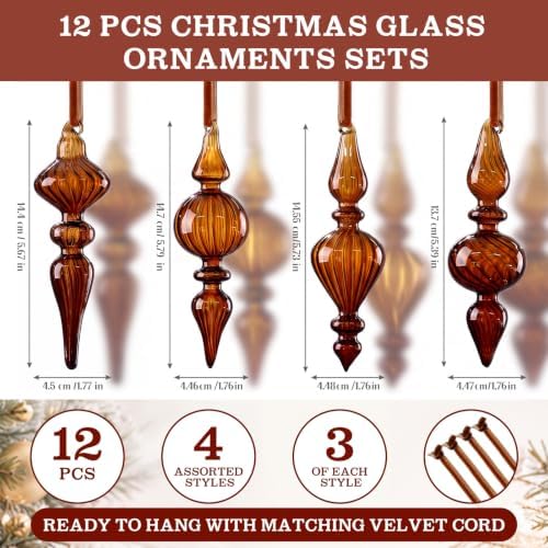 12 Pcs Vintage Glass Finial Christmas Ornaments, Dark Brown