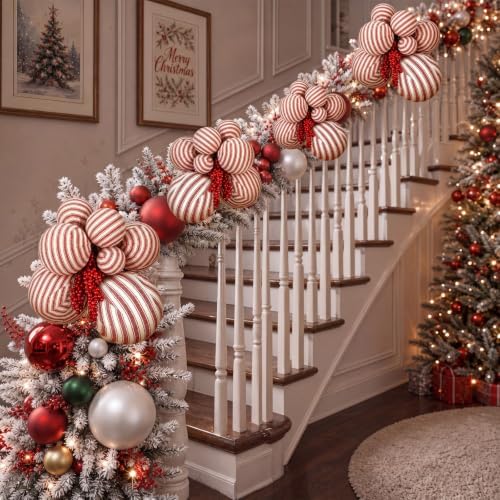 4 Set Large Red White Stripe Christmas Ball Clusters Fabric Ball Ornament