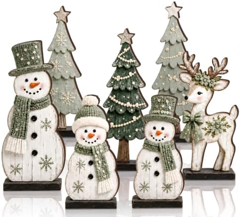 7 Pcs Christmas Table Decor Wooden Snowman Tree Deer Decor, Sage Green