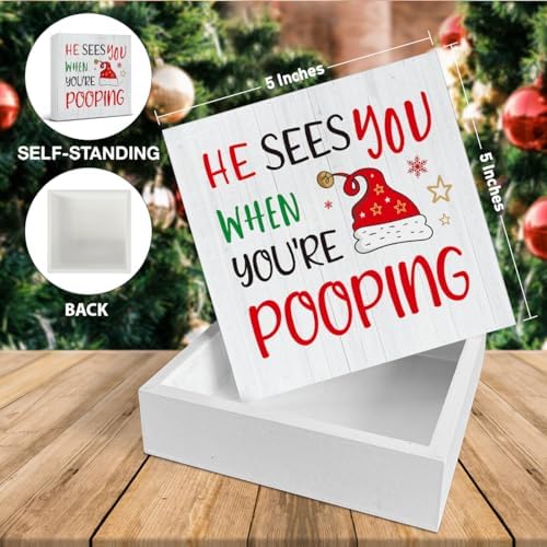 Christmas Bathroom Decorations, Funny Christmas Wood Sign Decor 5x5 Inches