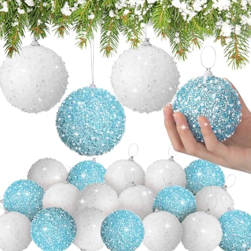 Lyrow 24 Pcs 3.15" Christmas Ball, White, Light Blue