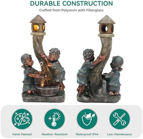 AUTODAYA 31" Boy and Girl Outdoor Fountain LED 3-Tier Cascading Waterfall