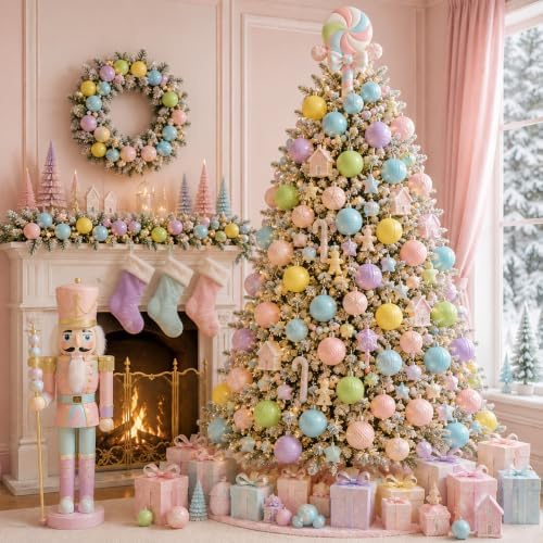 Lunmon 64 Pcs Pastel Christmas Ball Ornaments Macaron Candy Land Xmas Bulbs