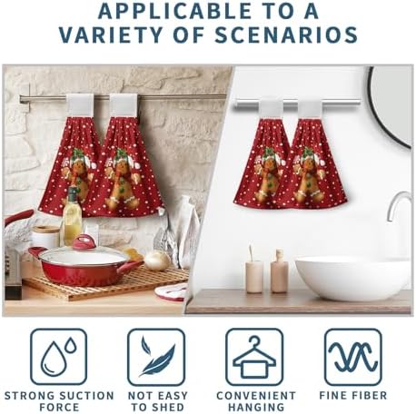 Gingerbread Candy Christmas Red Hanging Kitchen Towels Cute Polka Dots Xmas Hand Towels with Hanging Loop Winter Holiday Dish Towel Soft Absorbent Fingertip Bath Tie Towel Set of 2