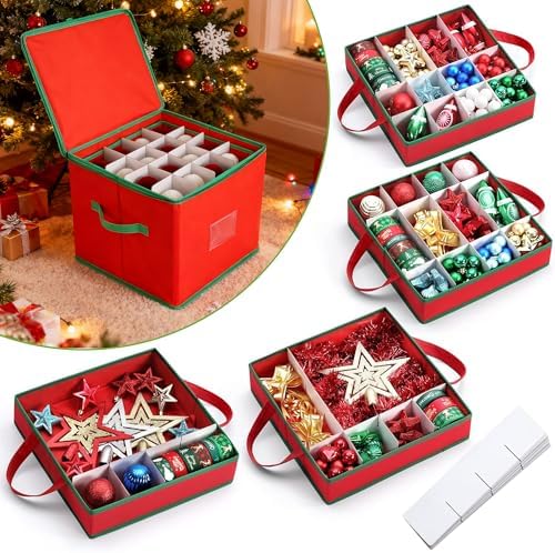 Christmas Ornament Storage Boxes Set of 2, Christmas Bauble Boxes with Removable Trays, Double Zipper, Tear-Resistant Non-Woven Fabric – Stores Upto 128 Christmas Balls