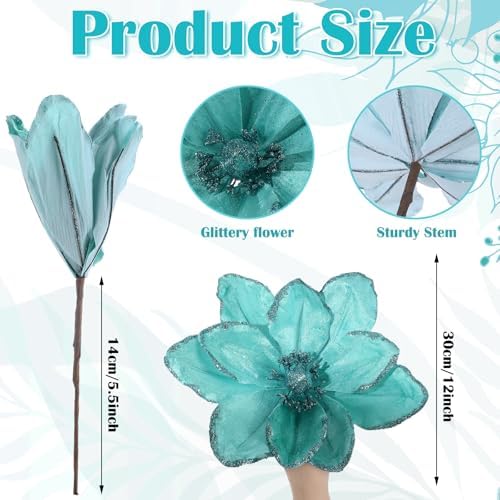 Thiccywoov 8 Pack Large 12'' Christmas Velvet Magnolia Flowers, Light Blue
