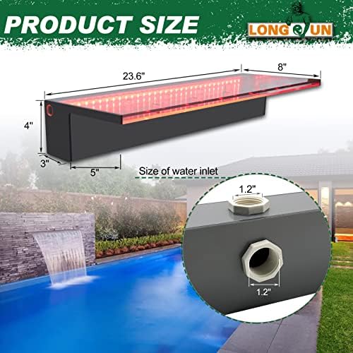 LONGRUN Waterfall Spillway Multi-Color LED Light Outdoor Pool Fountain, Acrylic Water Spillway Koi Pond Waterfalls Fountains Kit for Garden Koi Ponds Patio Swimming Pool Decoration-23.6"