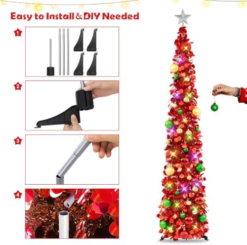 N&T NIETING Pop Up Christmas Tree with Lights & Ornaments, 6FT, Red