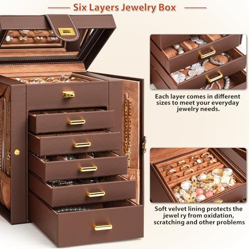 AKOZLIN 6-Tier Jewelry Box Organizer 5 Drawers Storage Brown Regular