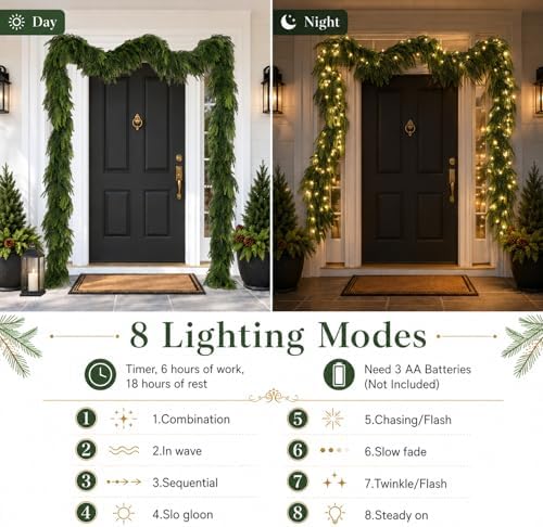 N&T NIETING 15FT Christmas Norfolk Pine Pre-Lit Garland with 125 LED Lights Real Touch Prelit Garland Christmas Greenery Garland for Table Mantle Fireplace Stairs Indoor Outdoor Xmas Decorations