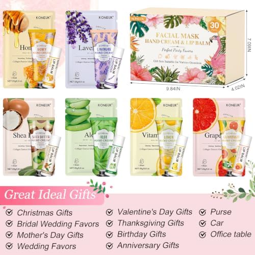 KONEUK 30 Pack Bulk Facial Mask, Bulk Hand Cream and Bulk Lip Balm Sets, Thank You Gifts, Teacher Appreciation Gifts, Wedding Favors and Bridal Shower Favors, Birthday Gifts for Guests