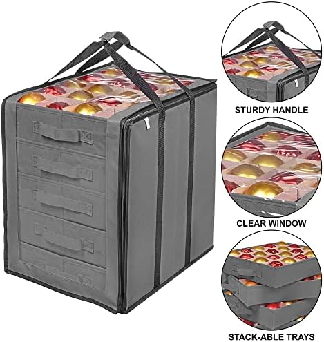ProPik Christmas Ornament Storage Boxes with Dividers - 5 Separate Trays - Ornament Holder - Keeps 100 Holiday Ornaments - Durable Carrying Bag Handles Organizer Storage Box (Gray)