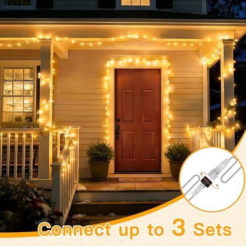Ollny Christmas Lights 200LED 60FT Indoor, Warm White Connectable Plug in String Light Outdoor, 8 Modes Waterproof Timer LED Fairy Lights for House Outside Bedroom Patio Balcony