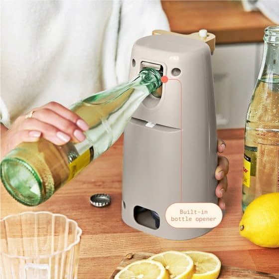 B'eautiful Easy-Prep Electric Can Opener with 70-watt motor effectively, Auto-turn & One-Touch Operation Built-in knife sharpener and bottle opener by D'rew Barry'more (Porcini Taupe)