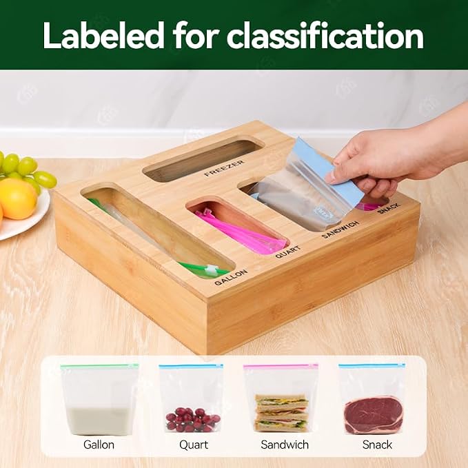 LDQ 9-in-1 Shatterproof Square Bamboo Storage Box - Aluminum Foil Dispensr with Cutter, Reusable Quarter Multi-Functional Sealed Bag Organizer for Kitchen Drawers, Walls, and Cabinetse