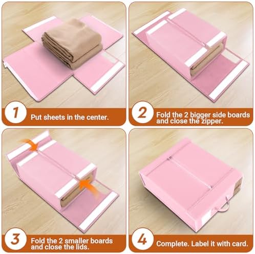 StorageTastic 6 Pack Bed Sheet Closet Organizers and Storage,Sturdy Foldable Storage Containers with Window and Label,Storage and Organization for Bedding Sheets,Duvet Covers,Blankets (Pink)