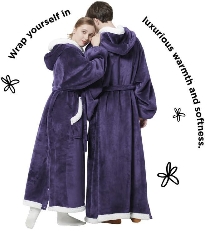 Bedsure Wearable Blanket Hoodie, Long Hooded Blanket Sweatshirt as Birthday Gifts for Women, Cozy Sherpa Hoodie for Adult, Small, Dark Purple