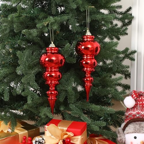 Soulchen 2 Pcs 12" Large Christmas Finial Drop Ornaments, Shiny, Red