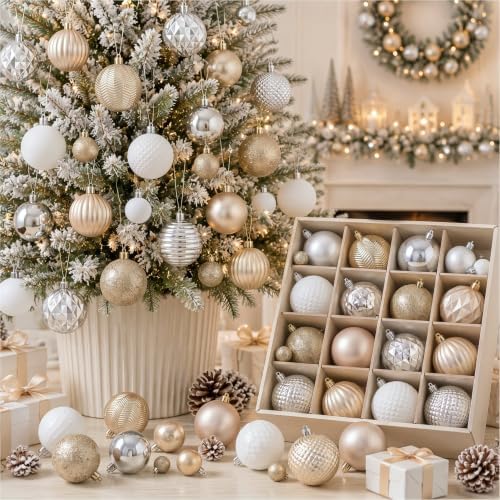 Lunmon 64 Pcs Champagne Gold White Christmas Ornaments 1.57/1.97/2.36 Inch