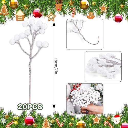 Fangoo 20 Pack 7 Inch Artificial White Berry Picks for Christmas Tree Decor