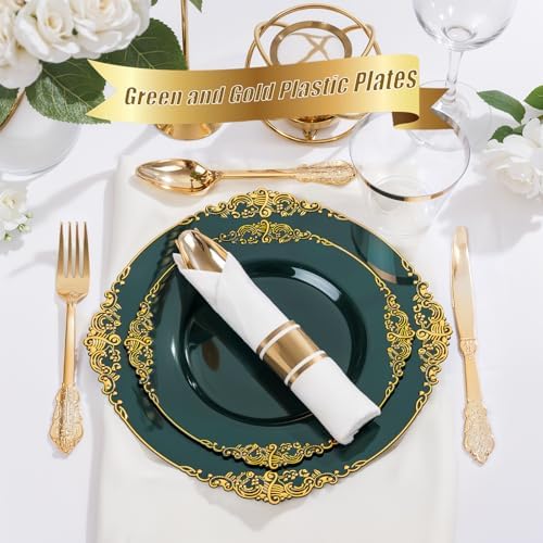 Nervure 175Pcs Green Plastic Plates, Disposable Party Plates for 25 Guests