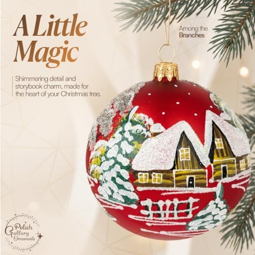 Polish Hand Blown Glass Christmas Ornaments Ball, Countryside Matte Red 5in
