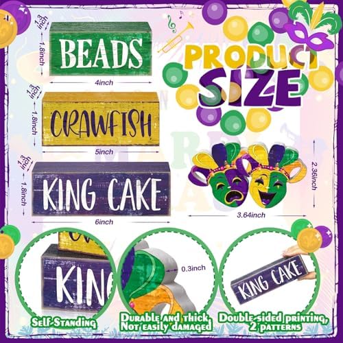 Moucuny 4 Pcs Mardi Gras Wooden Block Signs Farmhouse Table Decoration