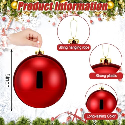 Wettarn 6 Pcs Extra Large Christmas Ball Ornaments 8'' Shatterproof, Red