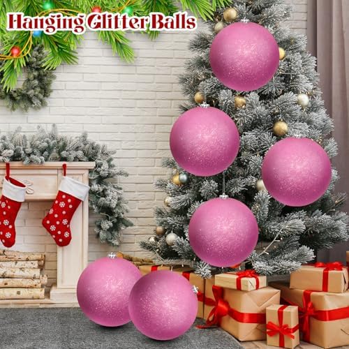 Zubebe 6 Pcs 8" Jumbo Christmas Ball Ornaments Lawn,Pink Glitter