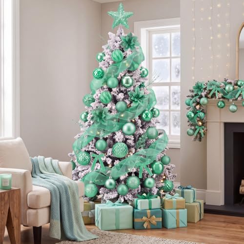 89 Pcs Christmas Tree Decorations Star Topper Ornaments Artificial Poinsettia Flowers Green Ball Velvet Bow Berry Picks Christmas Tree Hanging Ornaments for Xmas Home Office Decorations