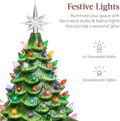 Best Choice Products 15in Ceramic Christmas Tree, Pre-lit Hand-Painted Tabletop Holiday Tree, Star Topper, 64 Lights - Green w/Multicolored Bulbs