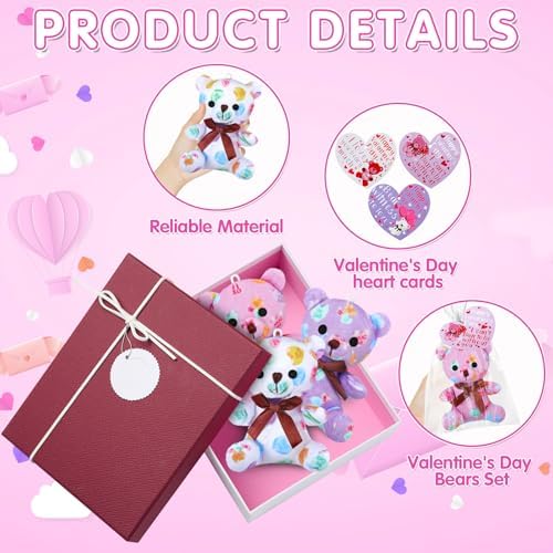 Poen 18 Pack Valentines Day Bears Bulk with Heart Cards Mini Valentine Stuffed Animal with Heart Love Pattern Bears Toys Keychains for Kids Boy Girl Classroom Exchange Gifts Prize