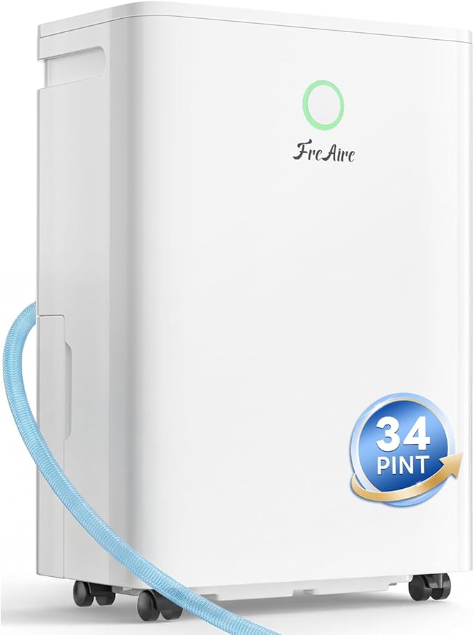 FreAire 2500Sq.Ft Dehumidifier for Basement with 6.56FT Drain Hose, 34Pint Dehumidifiers for Home, 40dB Quiet Dehumidifier for Bedroom, Bathroom, 2L Water Tank, 3-Color Humidity Light