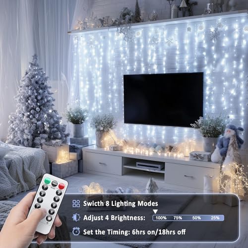 JMEXSUSS 200 LED White Curtain Lights, USB Powered, 6.5ft x 6.5ft