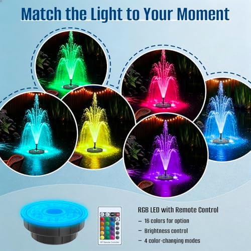 Floating Pond Fountain Pump with Remote RGB LED Lights & Filter Sponge