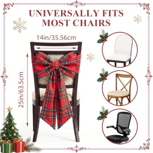 Thiccywoov 6 Pcs Christmas Chair Bows Decorations 25 x 14 in, Red Tartan