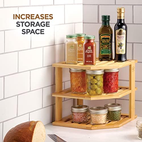 Bamboo Plate Organizer for Cabinet, 3 Tier Corner Shelf Riser, 2 Pack