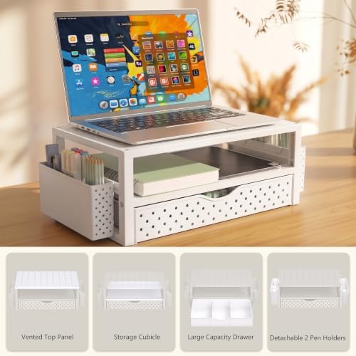 WALI Desk Organizer with Drawer and Pen Holder, 3 Tier Computer Monitor Stand for Home Office Supplies, Laptop Stand Riser for Computer, Laptop, Printer(PTT004-W), 1 Pack, White