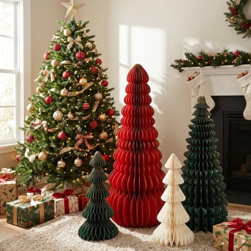 4 Pcs 3D Large Honeycomb Christmas Tree with 3 Styles Red Green White