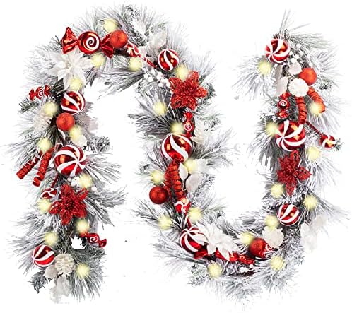 WANNA-CUL Pre-Lit 9ft Christmas Garland with Lights 50 LED Red White Bauble