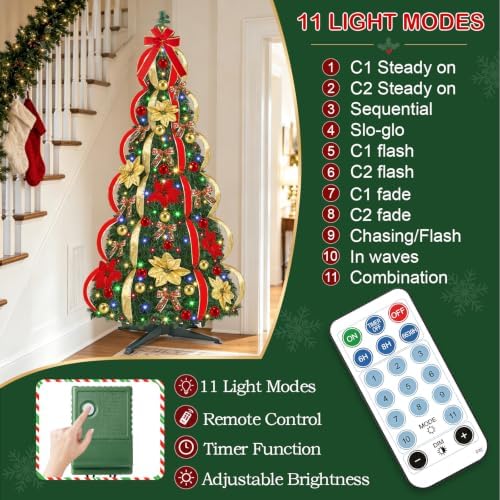 6 Ft Prelit Full Pop Up Christmas Tree, Pop Up Christmas Trees 200 Warm White LED Lights with Remote 8 Lighting Modes & Timer Plug in Collapsible Christmas Trees Outdoor Indoor Party Christmas Decor