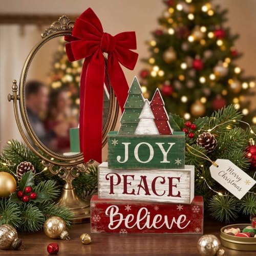 Lineshading 4 Pcs Christmas Table Decor, Wooden Tree Block Sign Home Tray