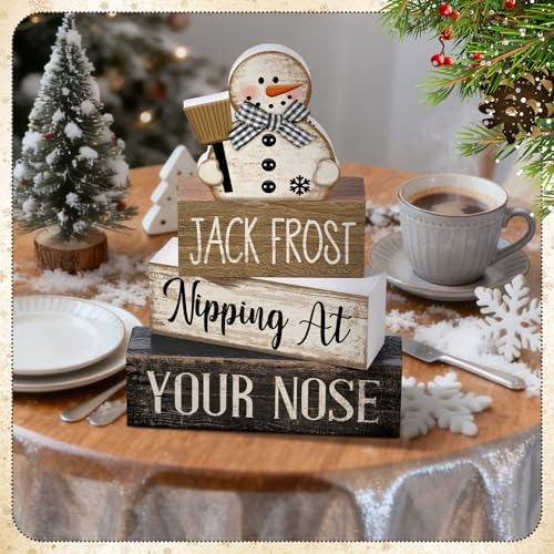 Moucuny 4 Pcs Wooden Block Signs Snowman Farmhouse Table Decoration