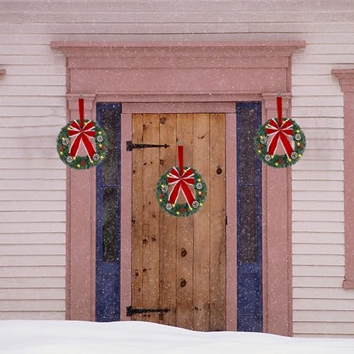 Hausse Set of 3 Christmas Wreaths, Lighted Artificial Christmas Wreath with Large Red Bow & Ornaments, Battery Operated with LED Lights, for Front Door Gate Wall Christmas Party Decorations
