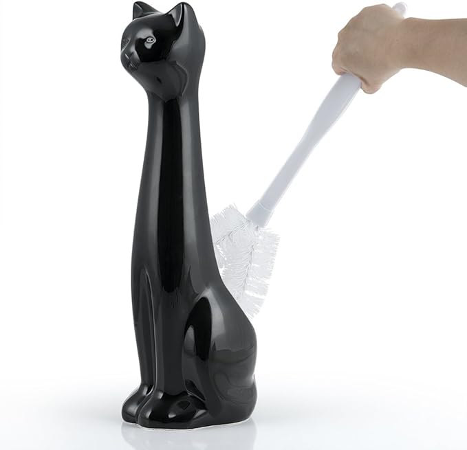 Allure Home Creation Cat 3-Piece Black Ceramic Toilet Brush Holder with White Plastic Brush and Soap Dispenser Set-Black