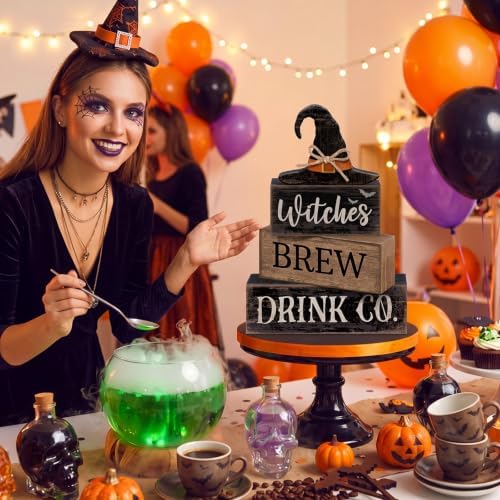 Lineshading 4 Pcs Halloween Witch Wood Block Signs, Tiered Tray Decor