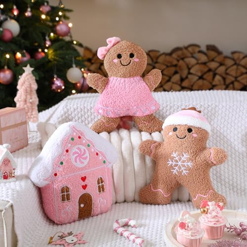 Konohan 3 Pcs Christmas Gingerbread Man House Throw Pillows Xmas Pillows